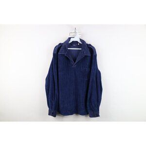 Vintage 70s Streetwear Mens Large Distressed Ribbed Velour Commando Polo Blue
